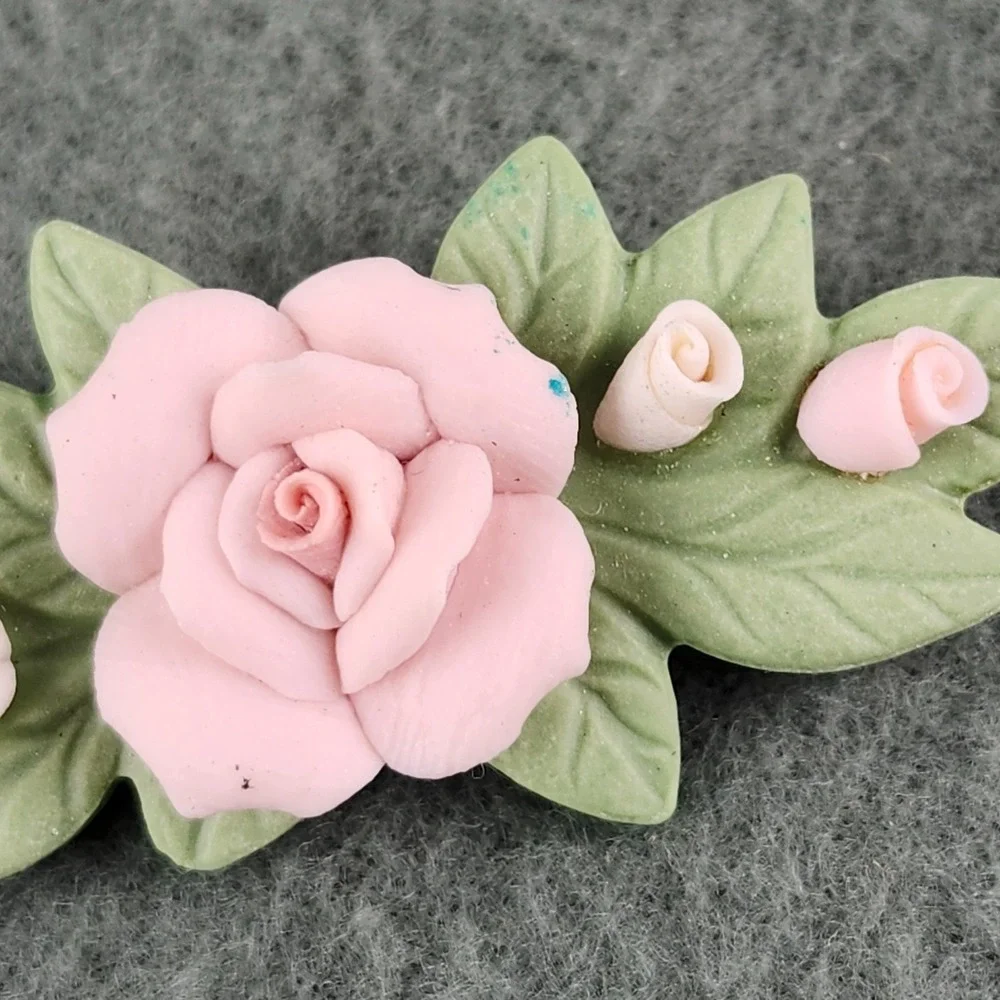 Vintage Pink Porcelain Rose Green Leaf Brooch